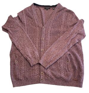 Ted Baker Men's Small Cable Knit Cardigan Sweater Burgundy Wool Blend
